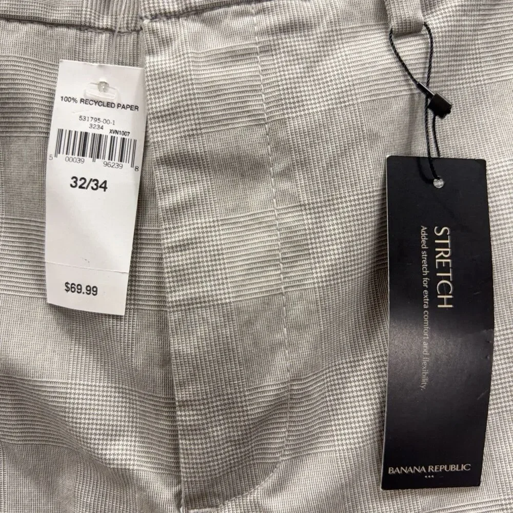 NWT Banana Republic Pants Men 32x34 Grey Plaid Slim Stretch Chino Khaki Golf